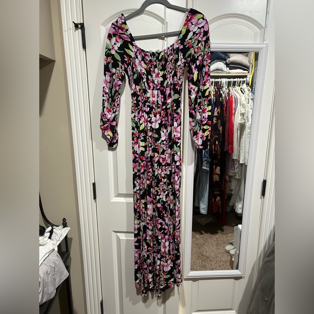 Roxy Floral Long Sleeve Dress - Pink and Black
